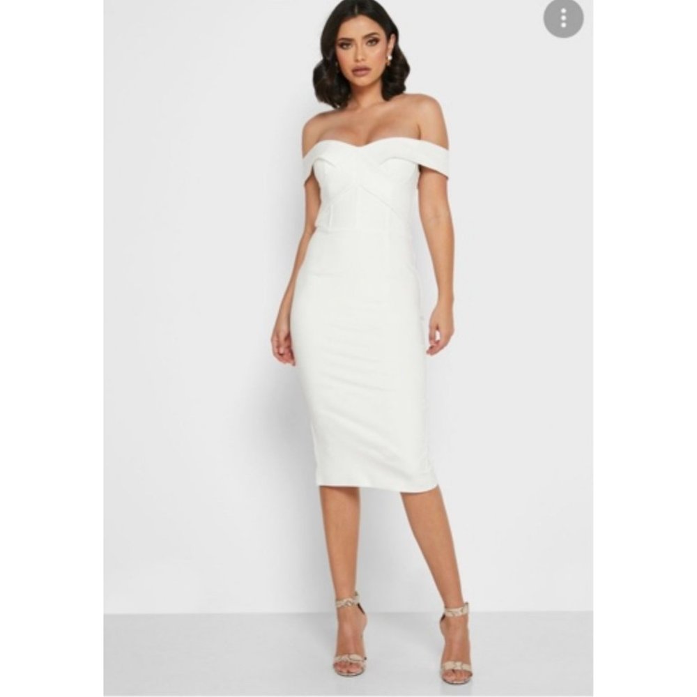 EUC Lavish Alice Bardot Corset Style Ponte Midi Dress White sz 6 Fitted Beauty